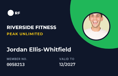 Gym Pulse membership card, landscape front with example details