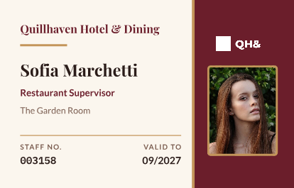 Front of House staff id, landscape front with example details