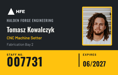 Workshop staff ID card, landscape front with example details